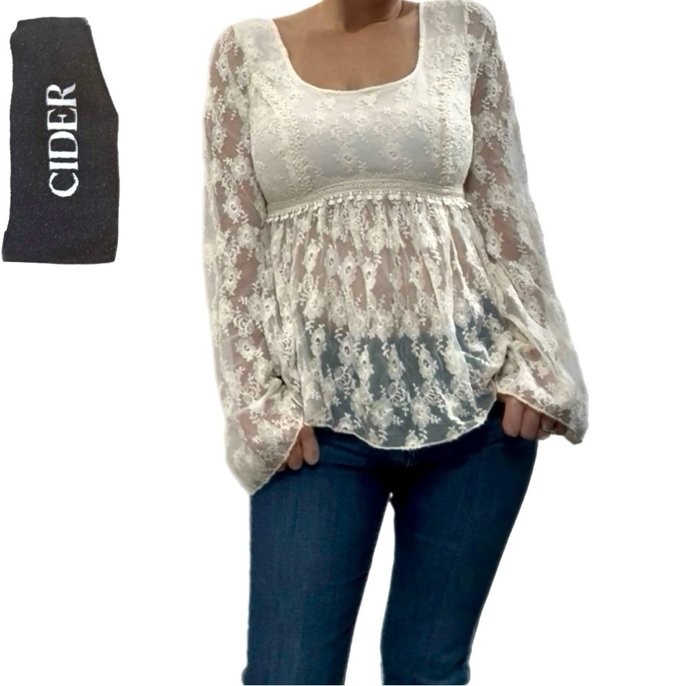 Cider Cottagecore Coastal Cowgirl Lace Ruffle Bell Sleeve Blouse Cream Small